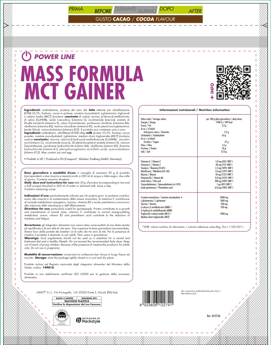 +Watt Power Line MASS FORMULA MCT Gainer gainer con MCT