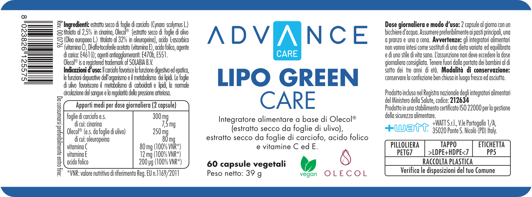 +Watt Advance Care Lipo Green Care integratore per metabolismo lipidico