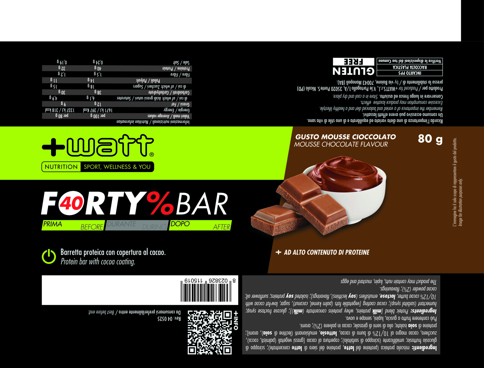 + WATT Power Line Forty% Bar barretta proteica 80 g al cacao