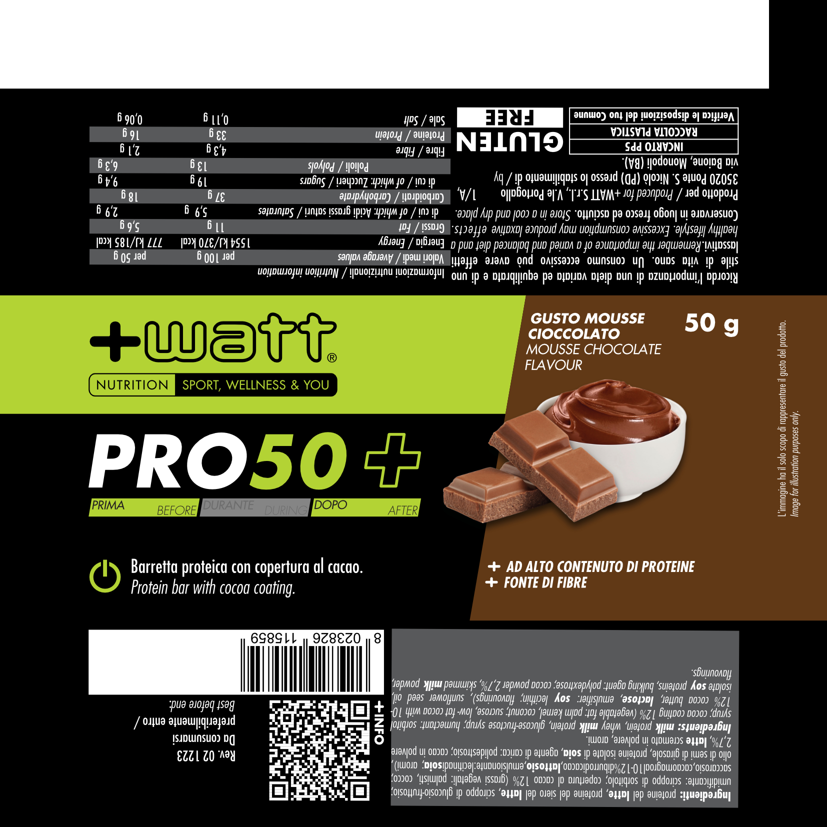 +Watt Power Line Pro50+ barretta proteica 50 g al cioccolato