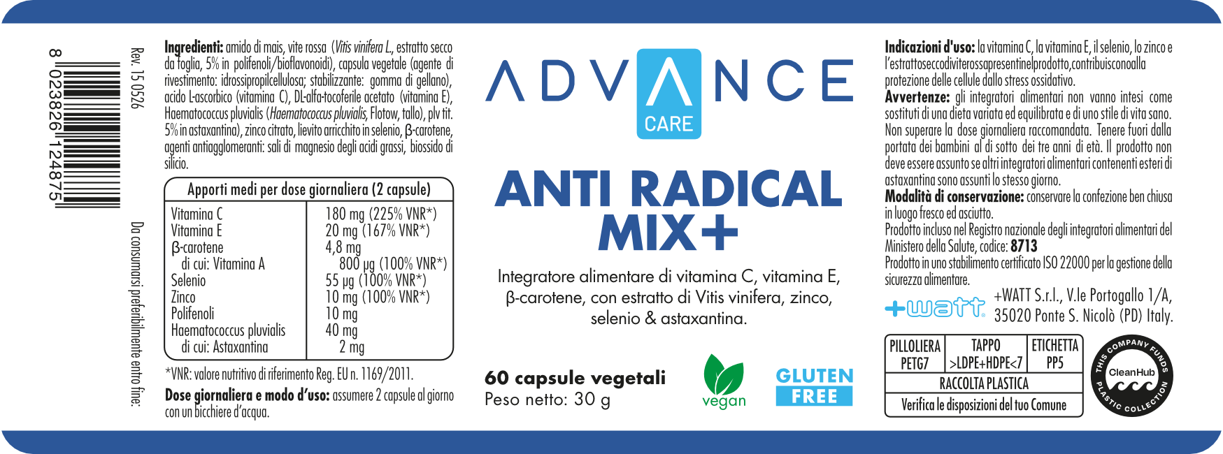 +Watt Advance Care Antiradical Mix+ integratore antiossidante astaxantina