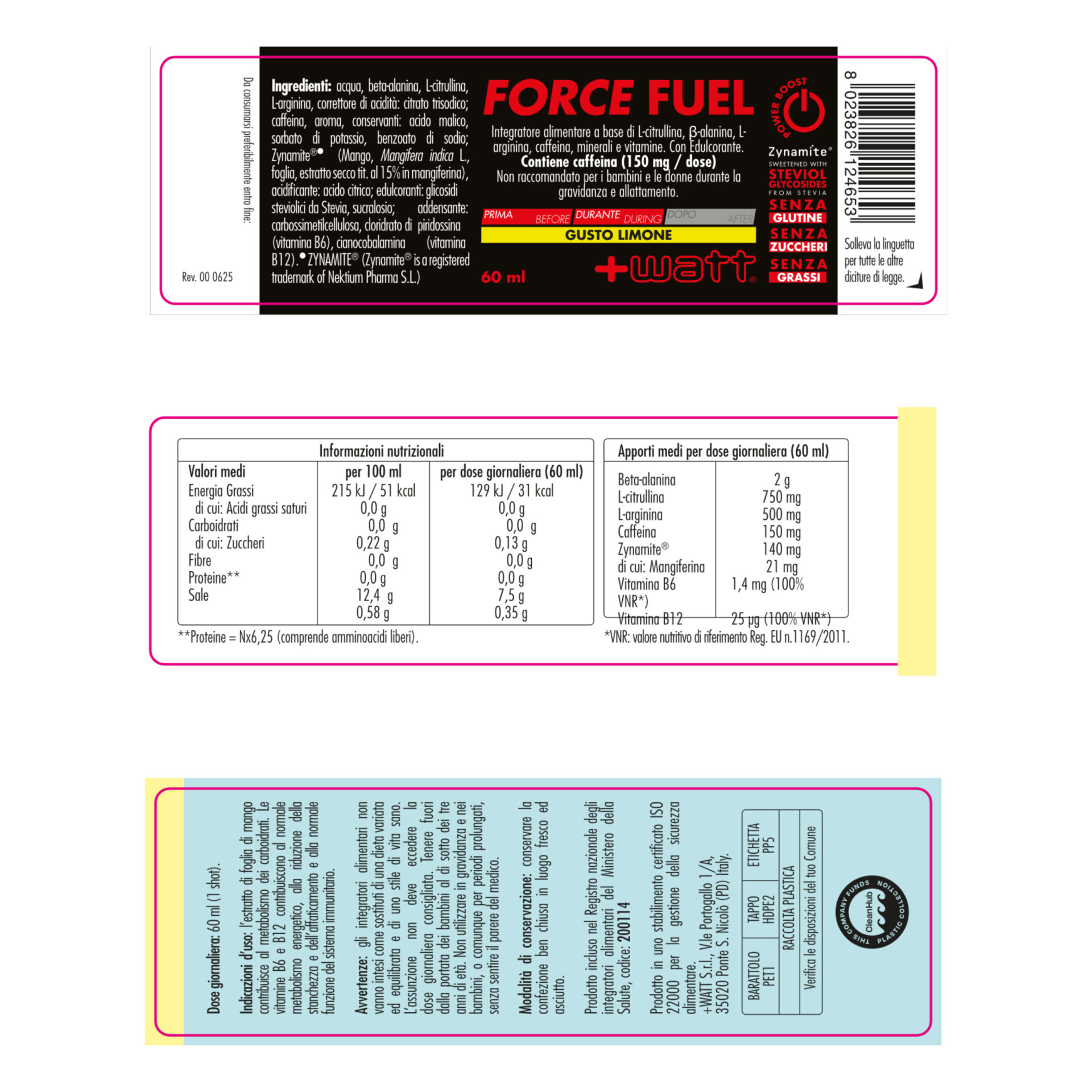 + WATT Power Line Force Fuel pre-workout liquido 60 ml caffeina