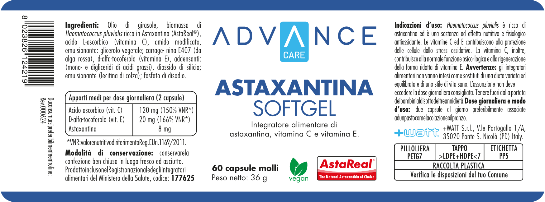 +Watt Advance Care Astaxantina SoftGel integratore softgel antiossidante
