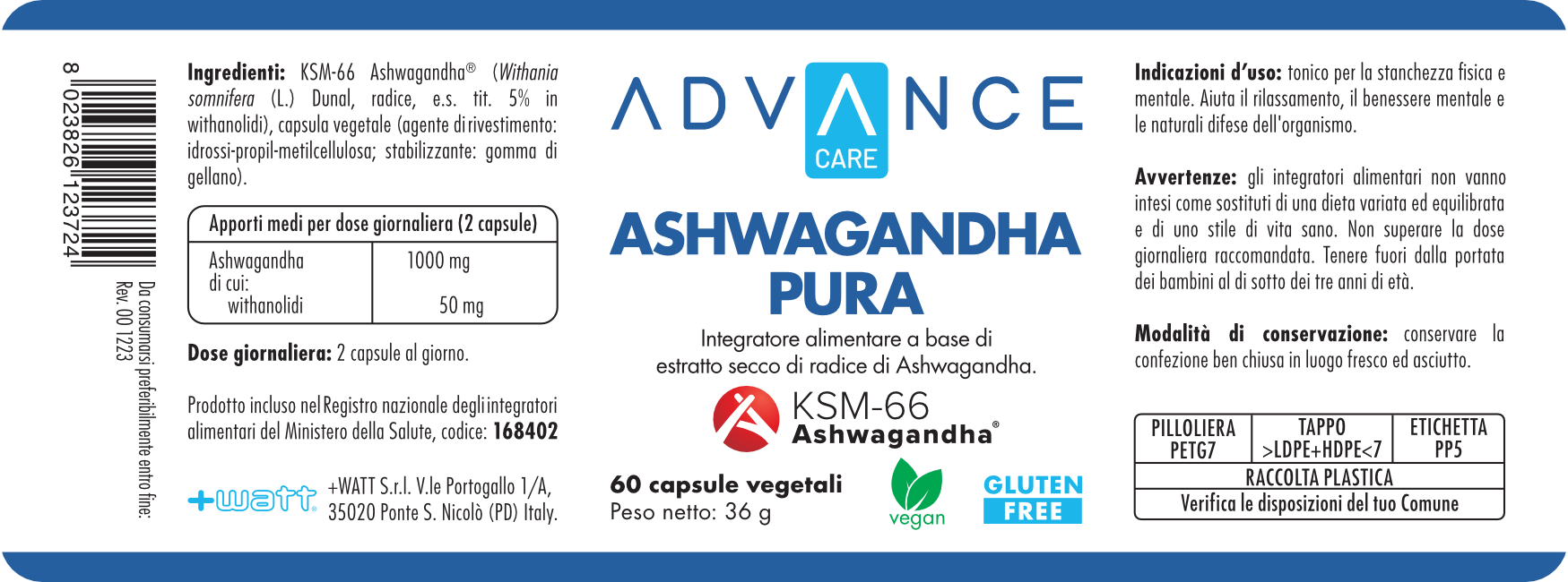 + WATT Advance Care Ashwagandha Pura integratore KSM-66® 5% withanolidi