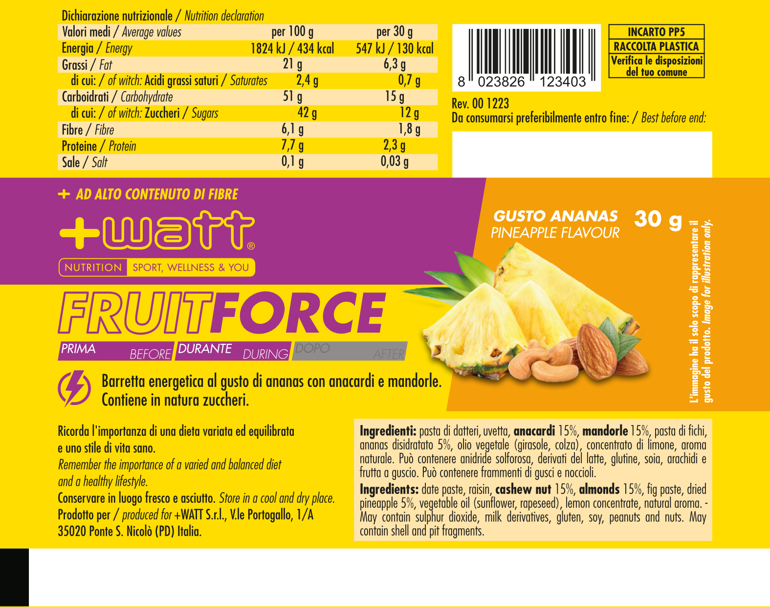 +Watt Endurance Line Fruit Force barretta energetica 30 g senza zuccheri aggiunti