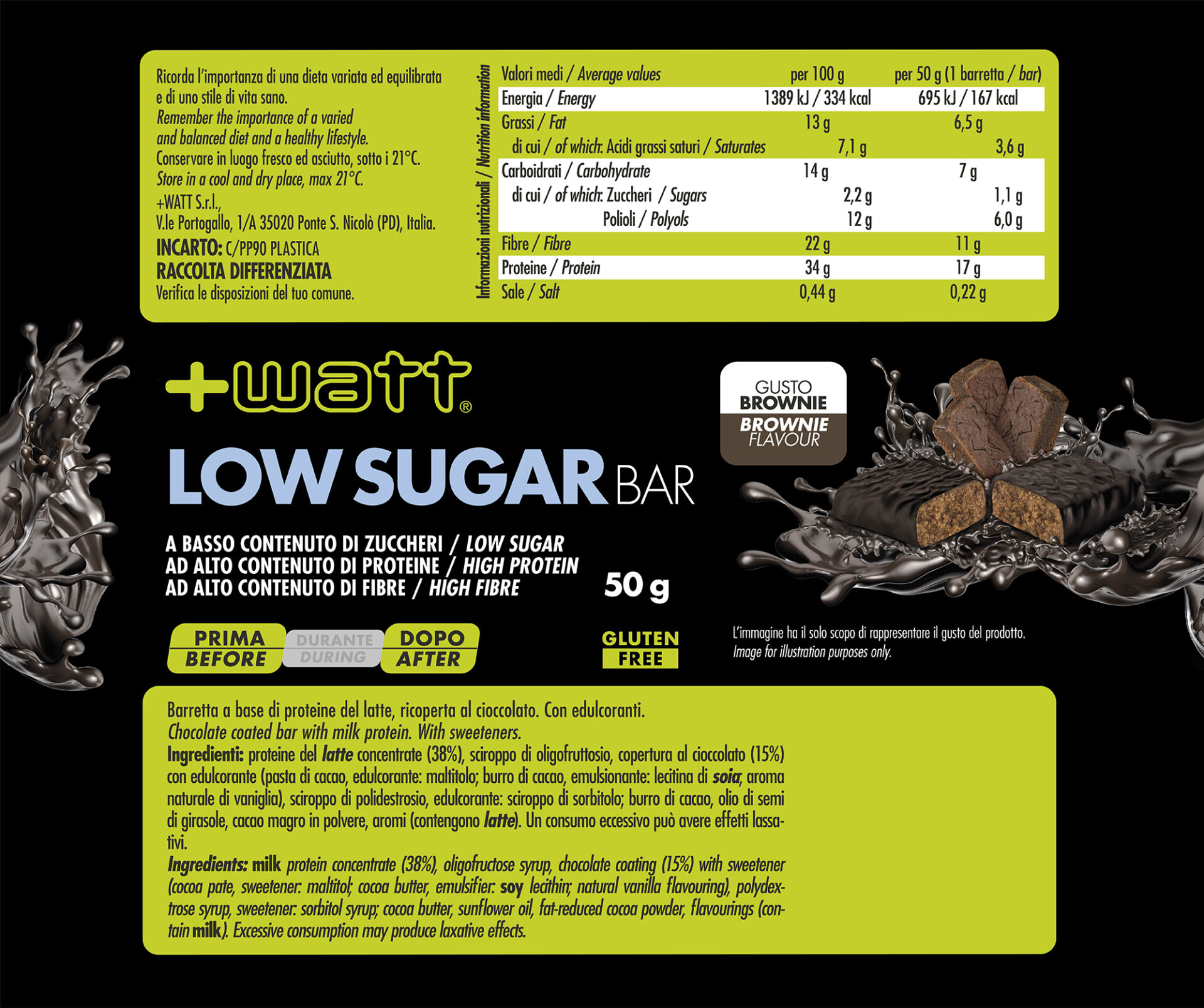 +Watt Power Line Low Sugar Bar barretta proteica 50 g brownie