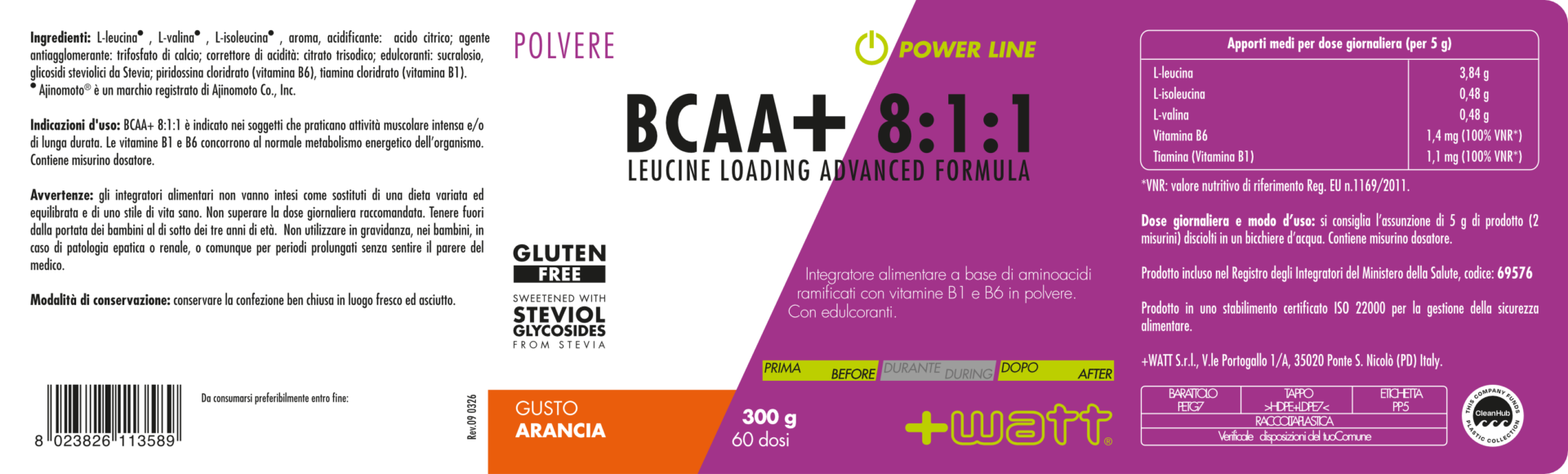 +Watt Power Line BCAA+ 8:1:1 Polvere aminoacidi