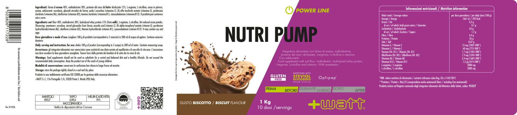 +Watt Power Line Nutri Pump pre-workout con carboidrati e aminoacidi