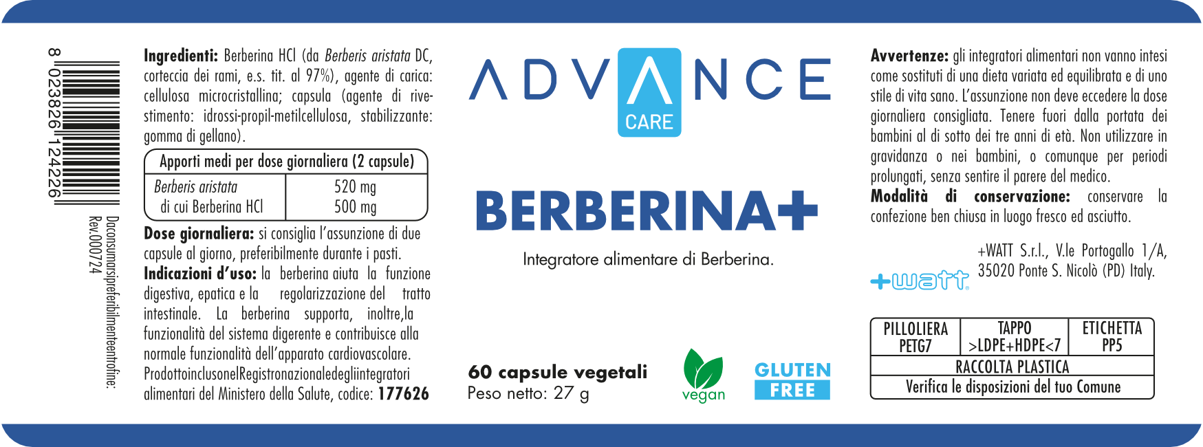 +Watt Wellness Line Berberina+ integratore 500 mg senza lattosio