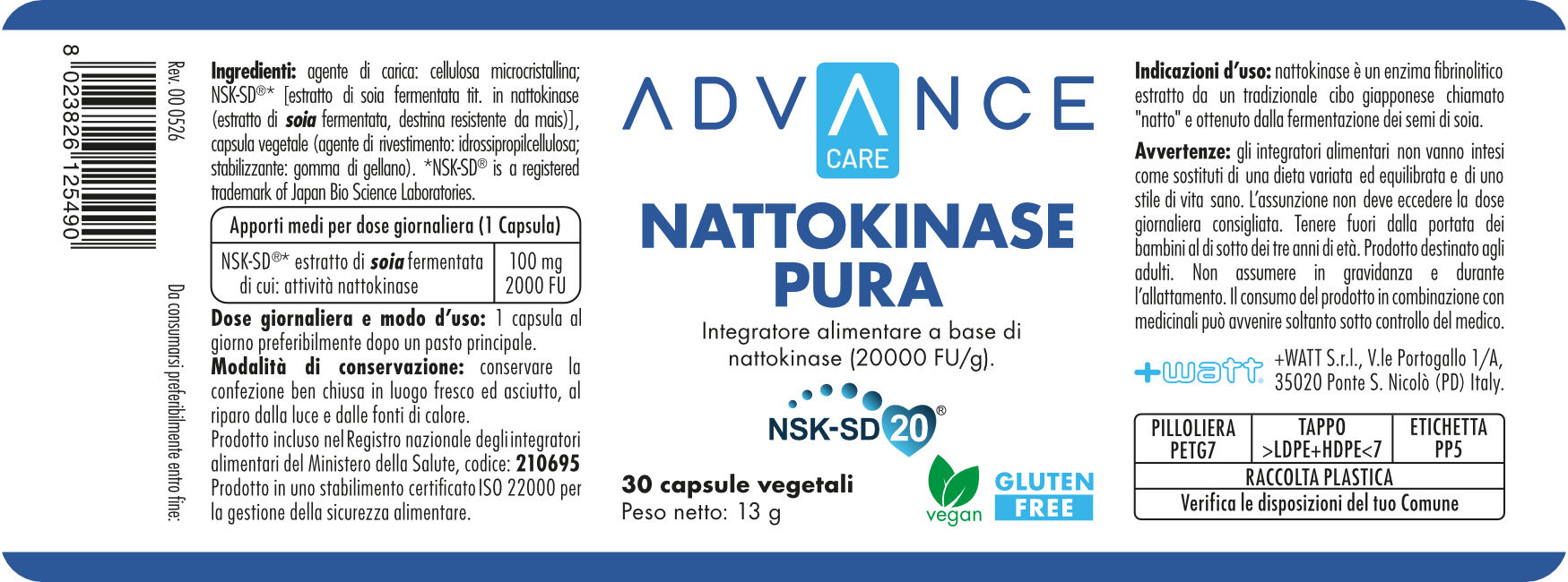 + WATT Advance Care Nattokinase Pura integratore nattochinasi 2.000 FU