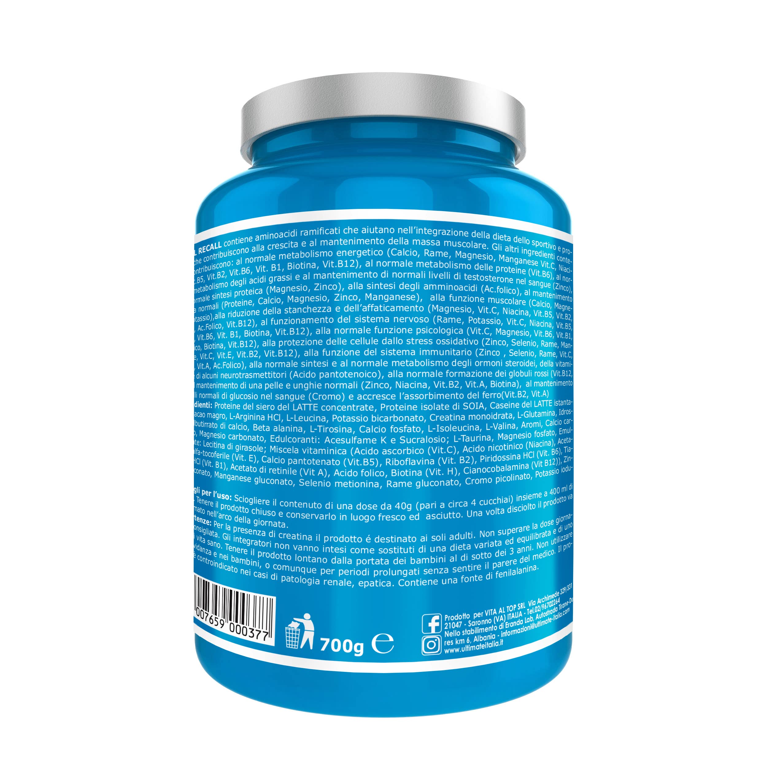 Ultimate Proteine Total Recall integratore cacao 700 g, formula 11 integratori