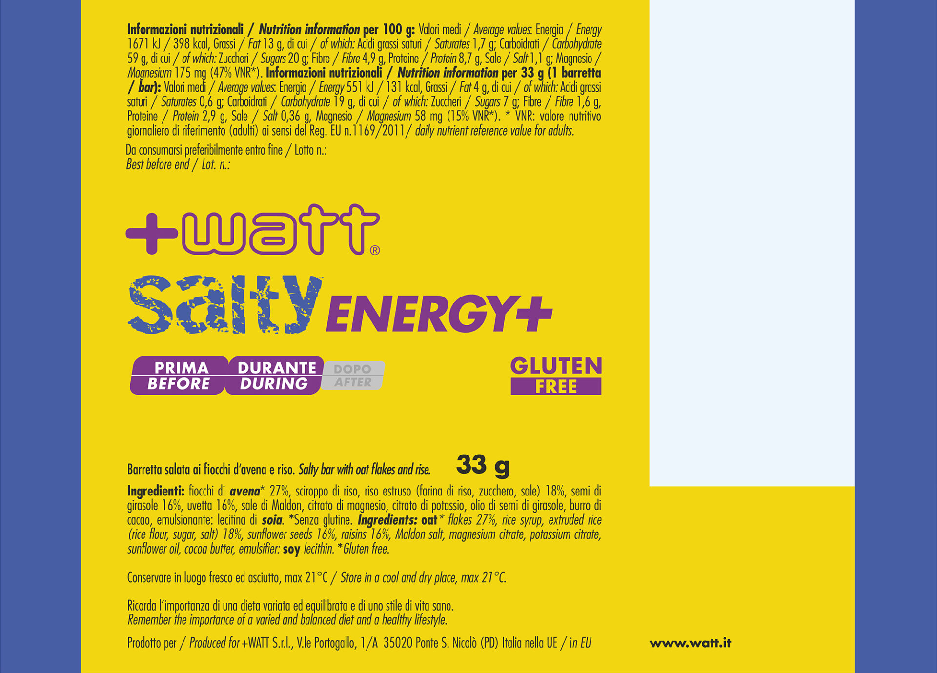 + WATT Endurance Line Salty Energy+ barretta energetica salata senza glutine