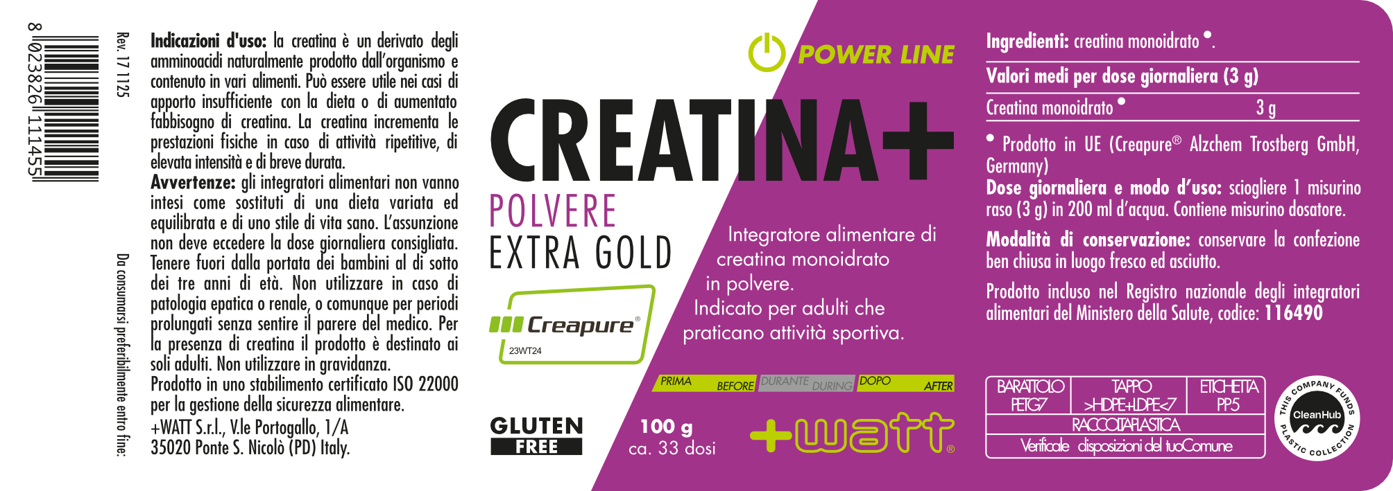 +WATT Power Line Creatina+ Extragold creatina monoidrato Creapure®