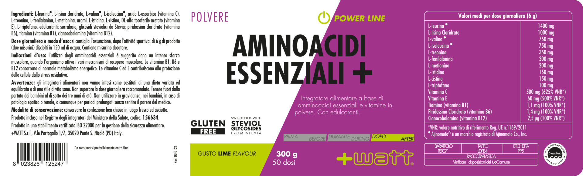 +Watt Power Line Aminoacidi Essenziali+ Polvere aminoacidi con vitamine