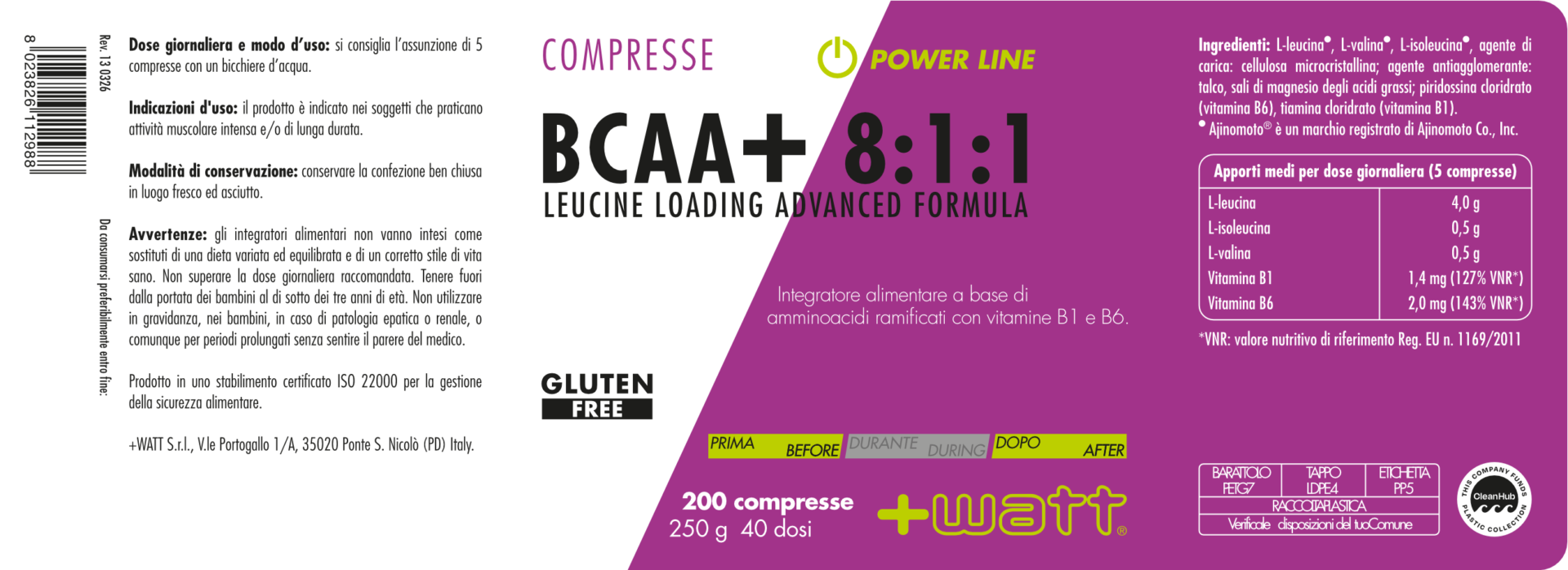 + WATT Power Line BCAA+ 8:1:1 Compresse aminoacidi ramificati