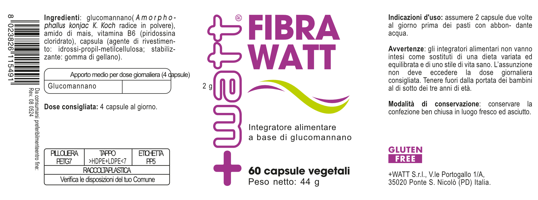 +Watt Wellness Line Fibra Watt integratore 60 capsule vegetali glucomannano