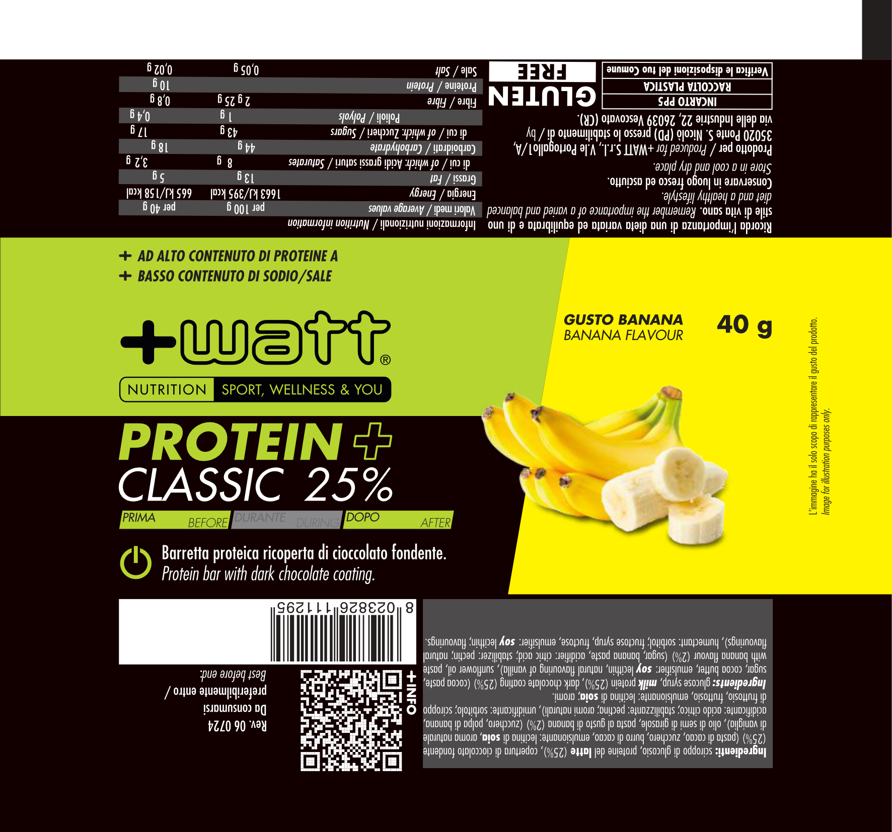 +WATT Power Line Protein+ Classic barretta proteica 40 g cioccolato fondente