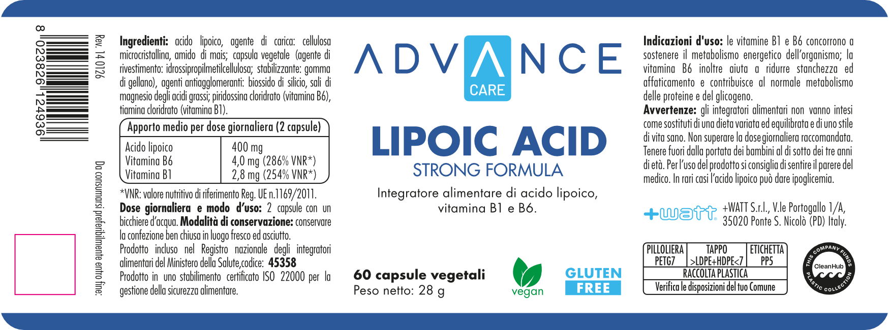 +WATT Advance Care Lipoic Acid Strong Formula acido lipoico