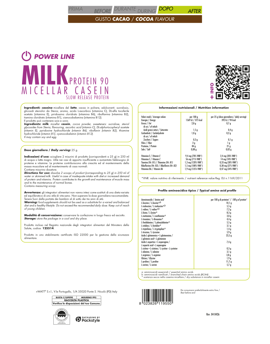 +Watt Power Line Milk Protein 90 proteine caseina micellare