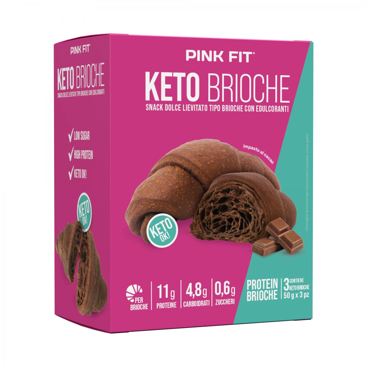 Wellness Food Keto Pink Fit Keto Brioche brioche cacao 3 pezzi, pochi zuccheri