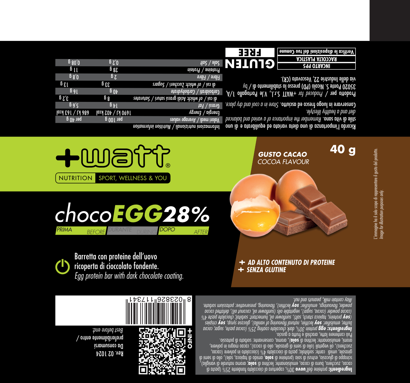 WATT Power Line Choco Egg 28% barretta proteica cacao 40 g x 24 senza lattosio