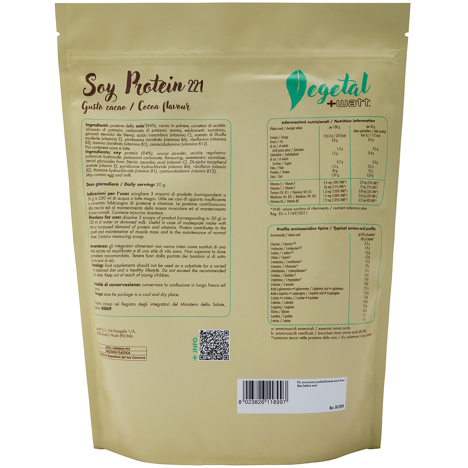 +Watt Vegetal Line Soy Protein 221 proteine in polvere