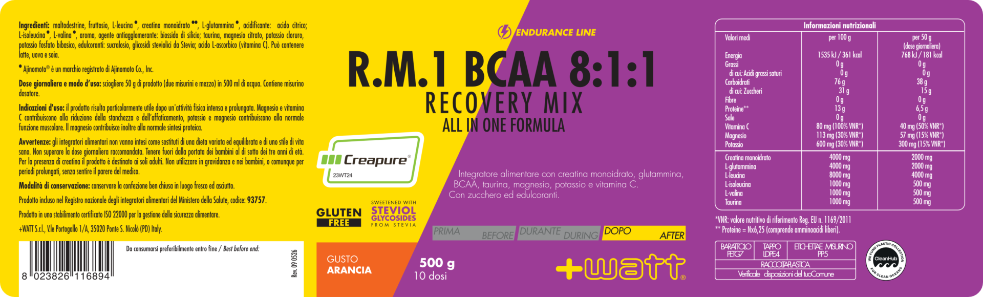 +WATT Endurance Line R.M.1 BCAA 8:1:1 Recovery Mix integratore post workout