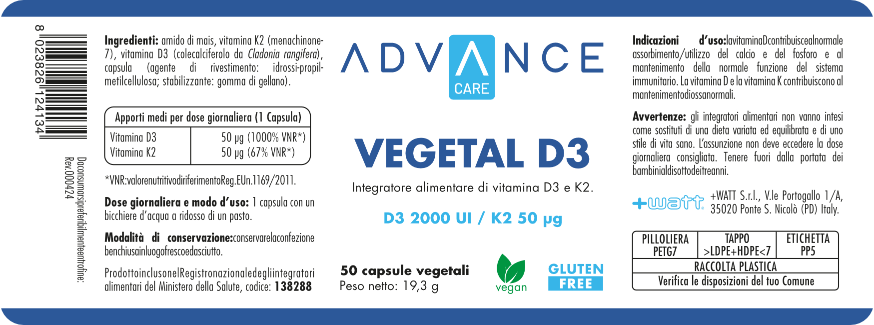 +WATT Advance Care Vegetal D3 vitamina D3 e K2 vegana