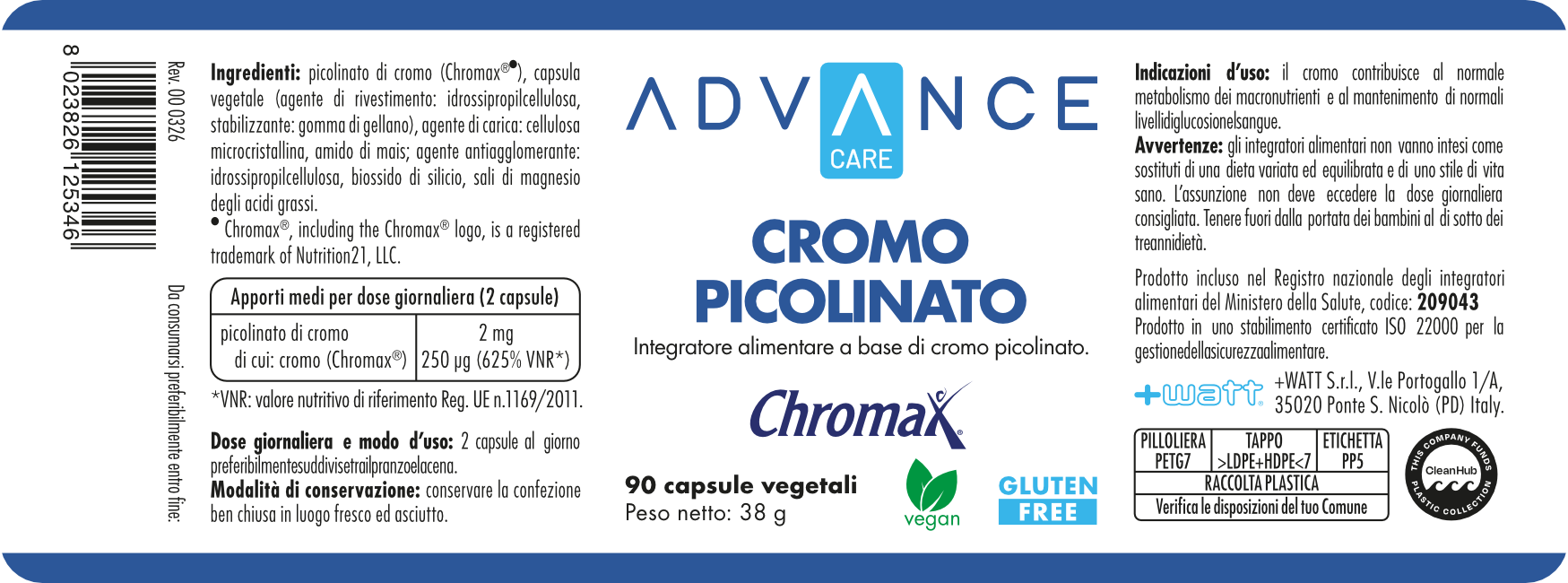 +Watt Advance Care Cromo Picolinato integratore metabolismo
