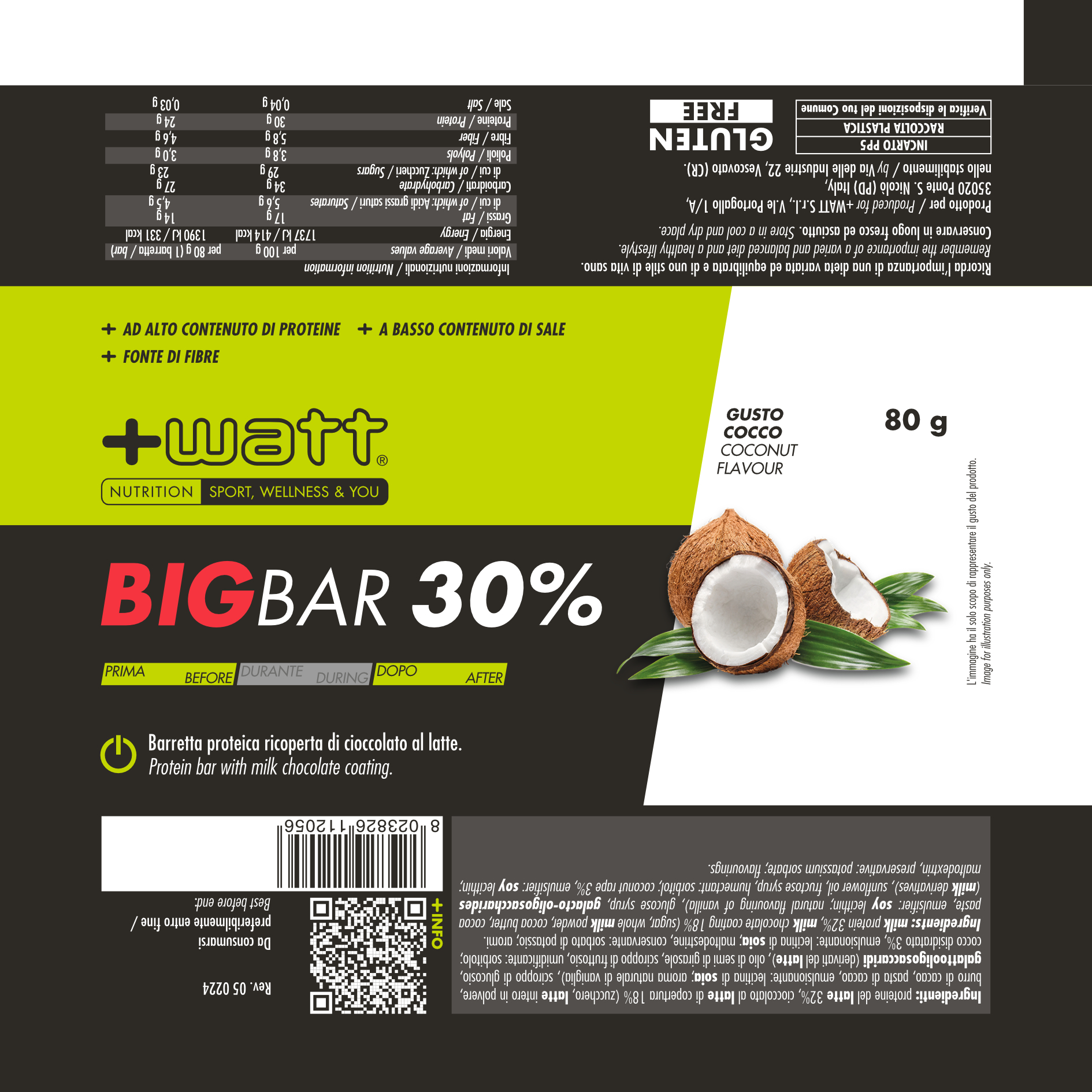 +Watt Power Line Big Bar barretta proteica 80 g cioccolato al latte
