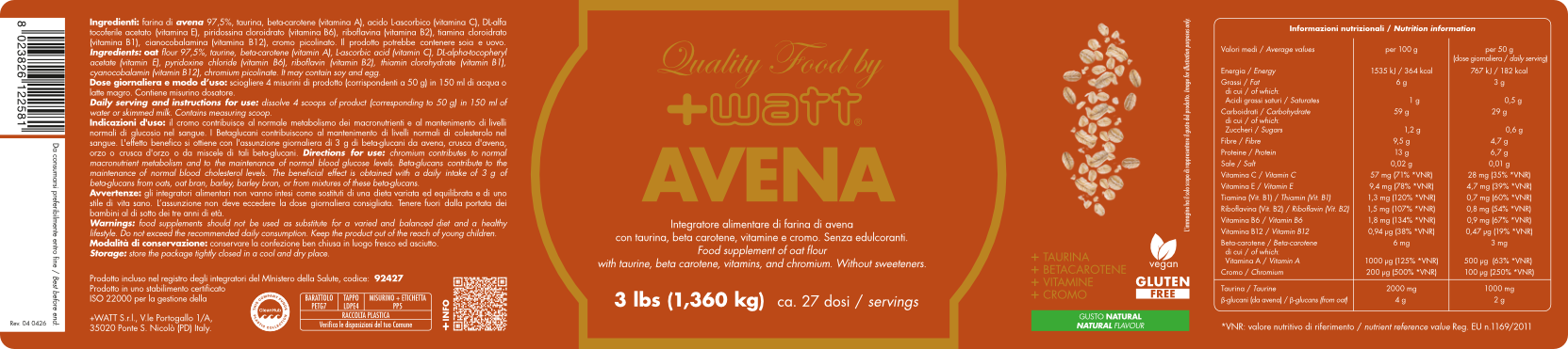 +Watt Quality Food Avena Quality Food farina d’avena senza glutine
