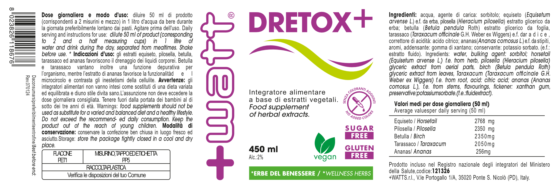 +Watt Wellness Line Dretox+ integratore liquido drenante agrumato